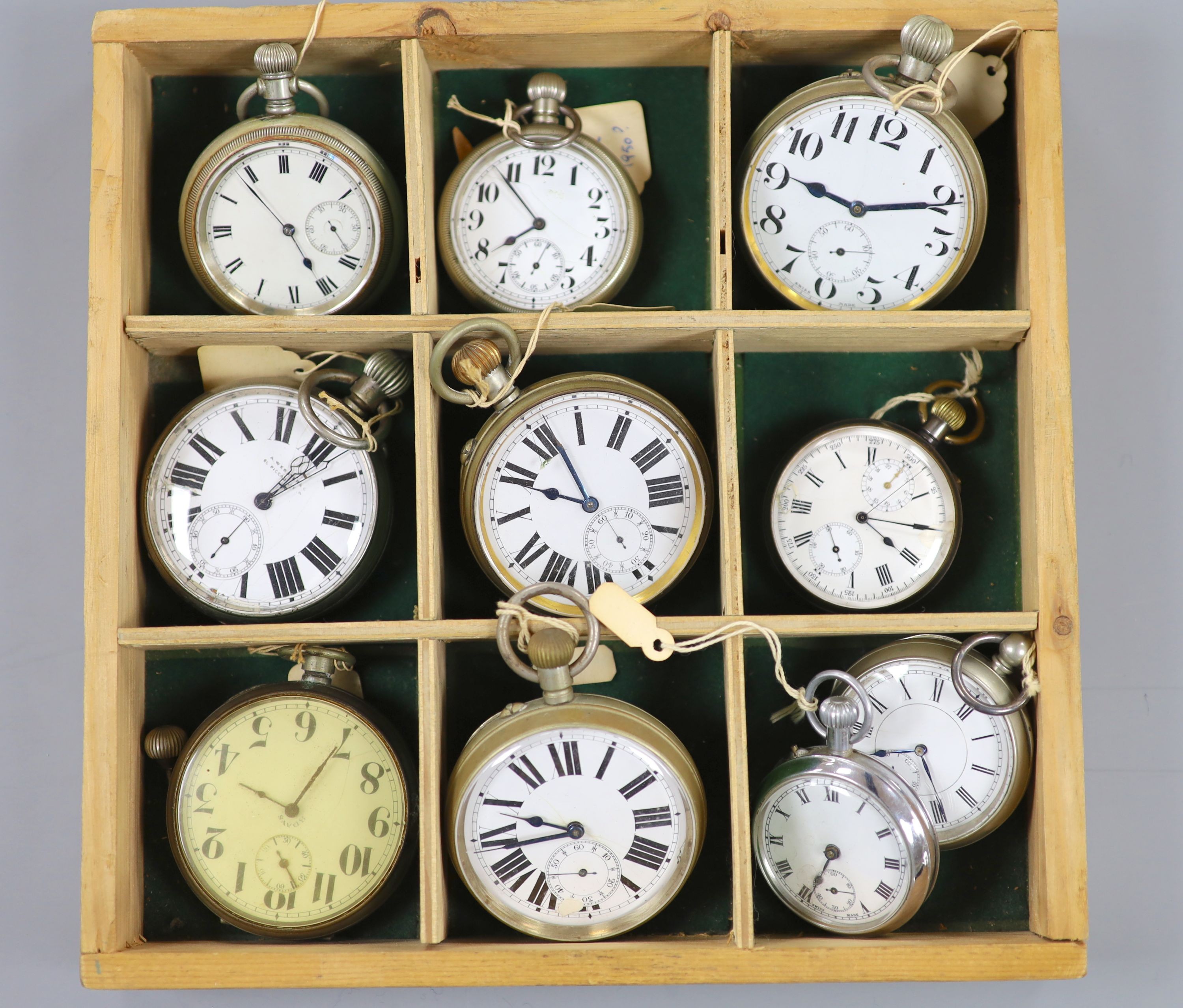 Ten assorted Victorian and later plated and base metal keywind and keyless pocket watches.